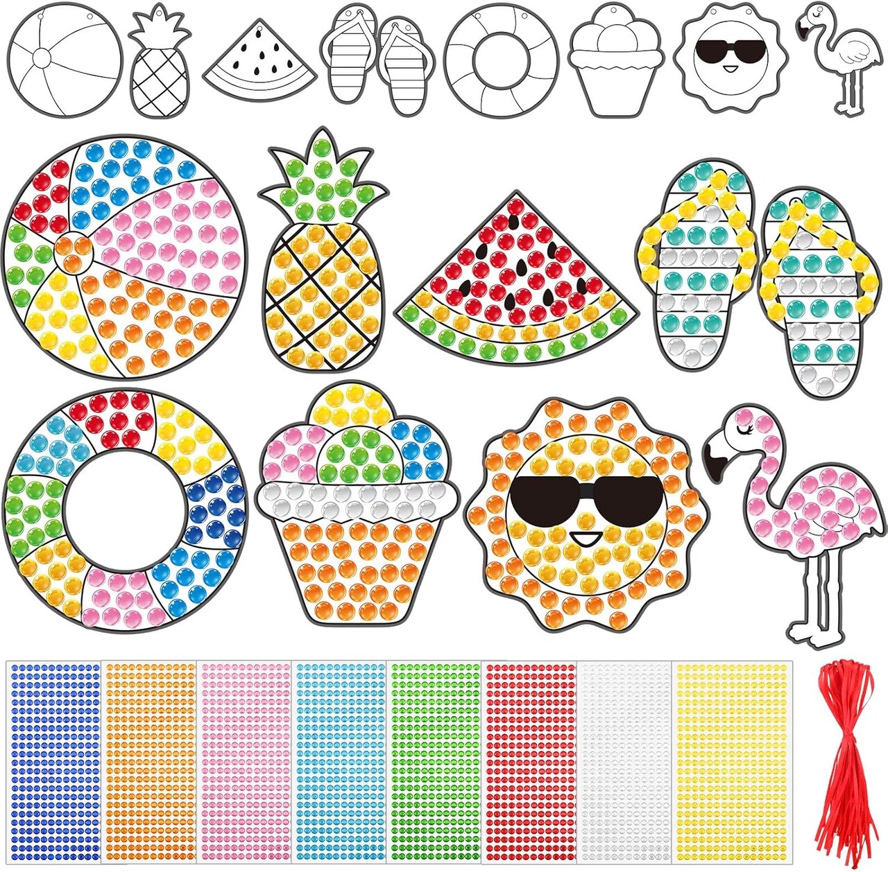 24 Sets Summer Arts Crafts Suncatcher Kits for Kids Summer Diamond Craft Ornament Kits with Color Guides Gemstone Sun Catcher Stickers DIY Diamond Art Craft Kits